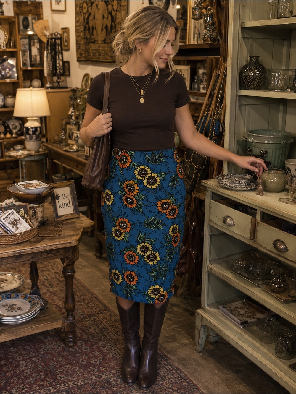 Teal Floral Print Skirt with Yellow & Orange Blooms